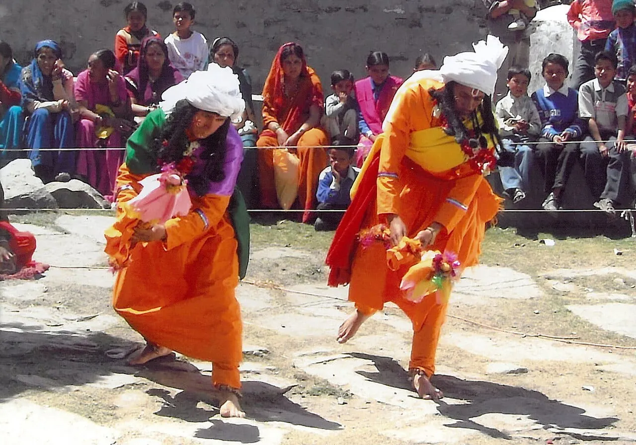 Performers dancing at Ramman, the ritual theatre of Saloor-Dungra, Chamoli