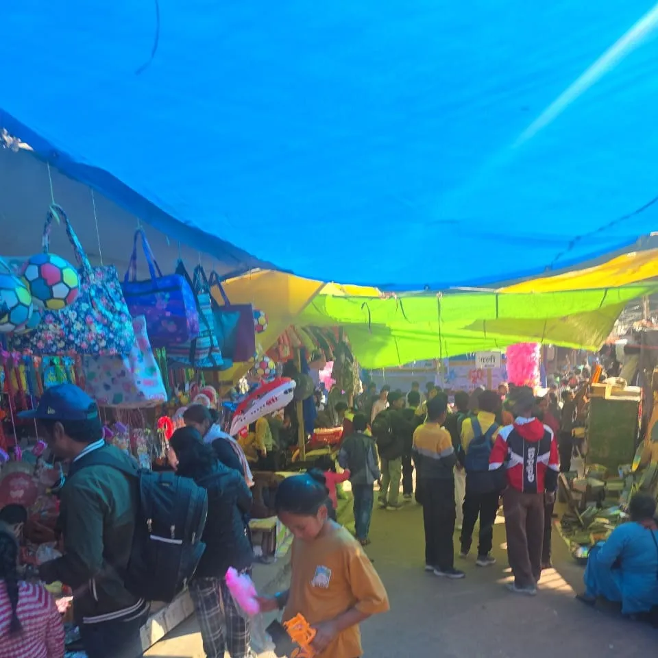 Stalls and shoppers under blue and green awnings at the Jauljibi fair