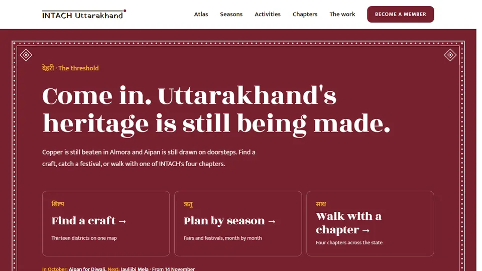 Version 2: a red page framed in white Aipan lines, headed Come in. Uttarakhand's heritage is still being made