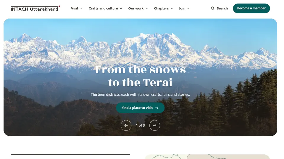 Version 3: menus across the top and a photograph of snow peaks headed From the snows to the Terai